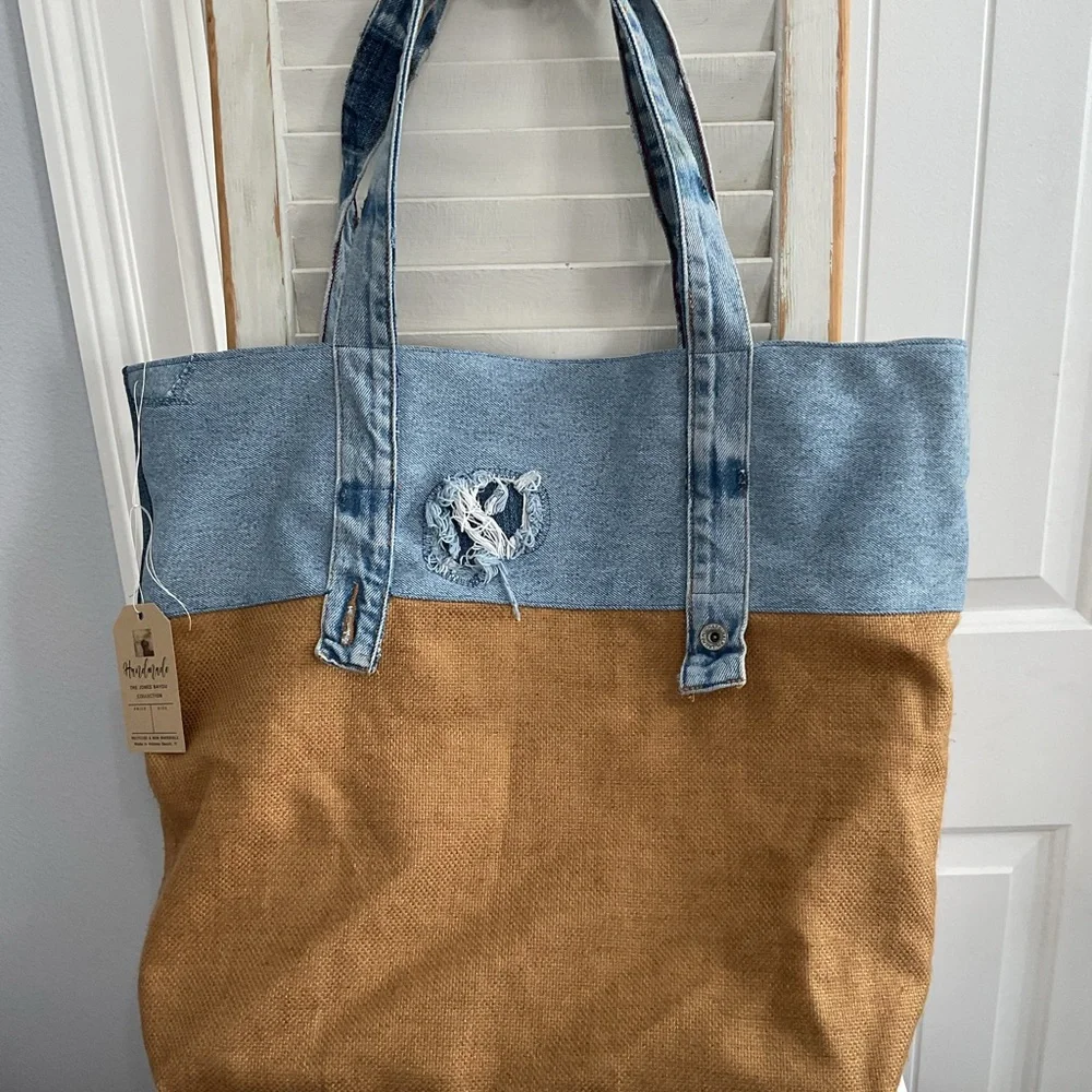 The Large Tote Denim and Tan Beach Bag - Picture 2 of 4